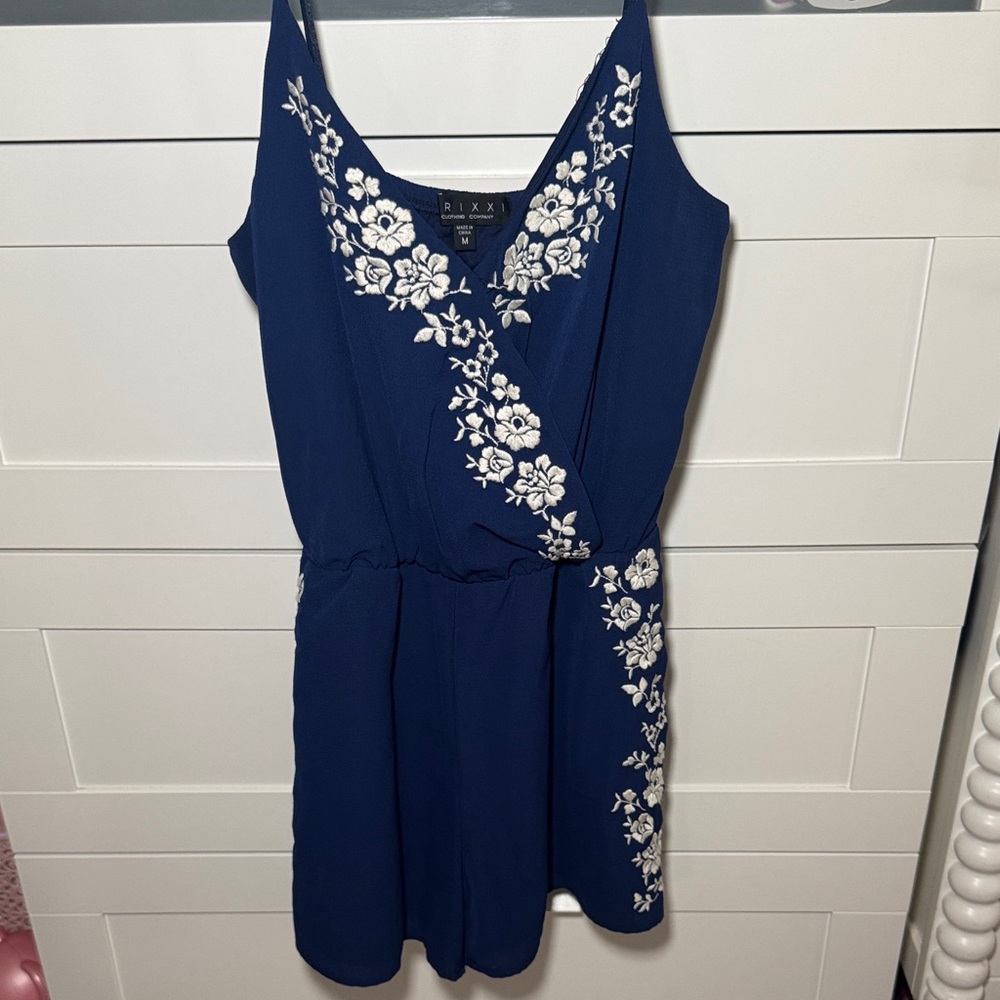 Lux Navy Jumpsuit with White Floral Embroidery